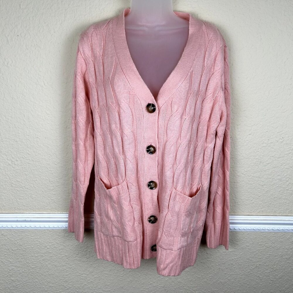 Vintage Womens Button Cardigan Medium Light Pink Coquette Cable Knit Academia